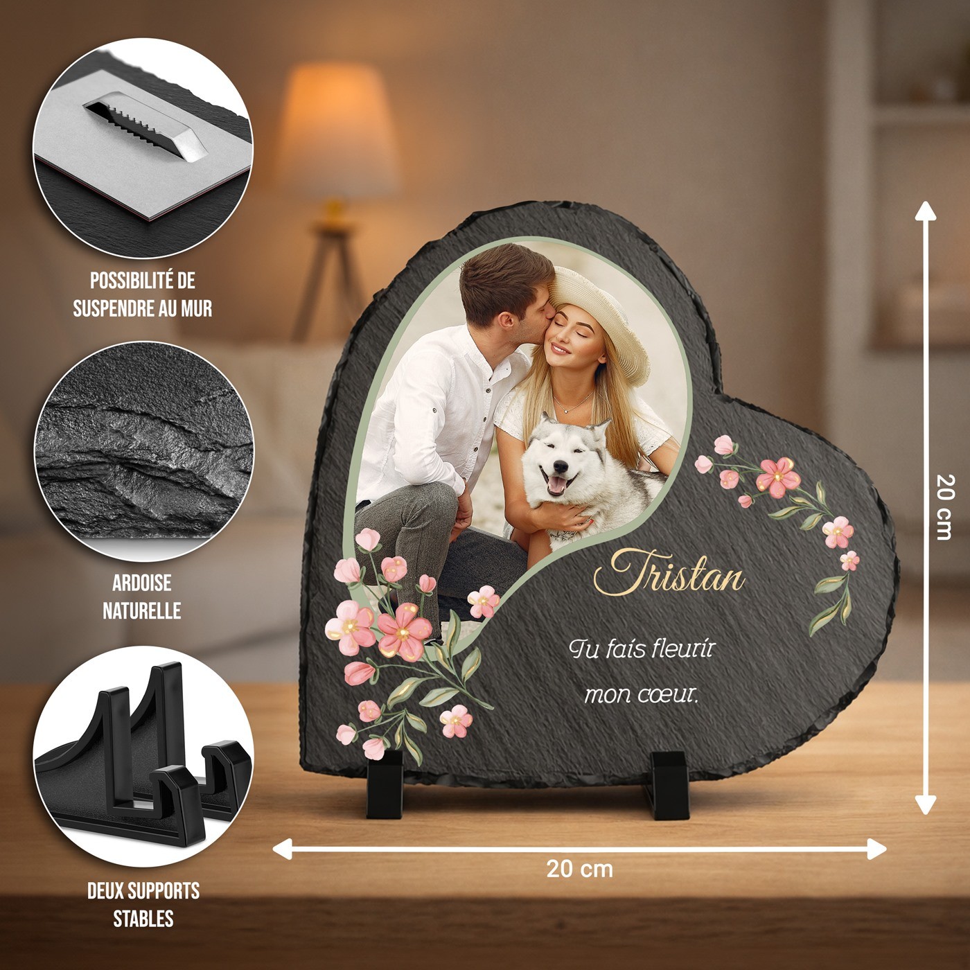 Piedra de pizarra Murrano en forma de corazón con impresión personalizada para hombres - Día de San Valentín