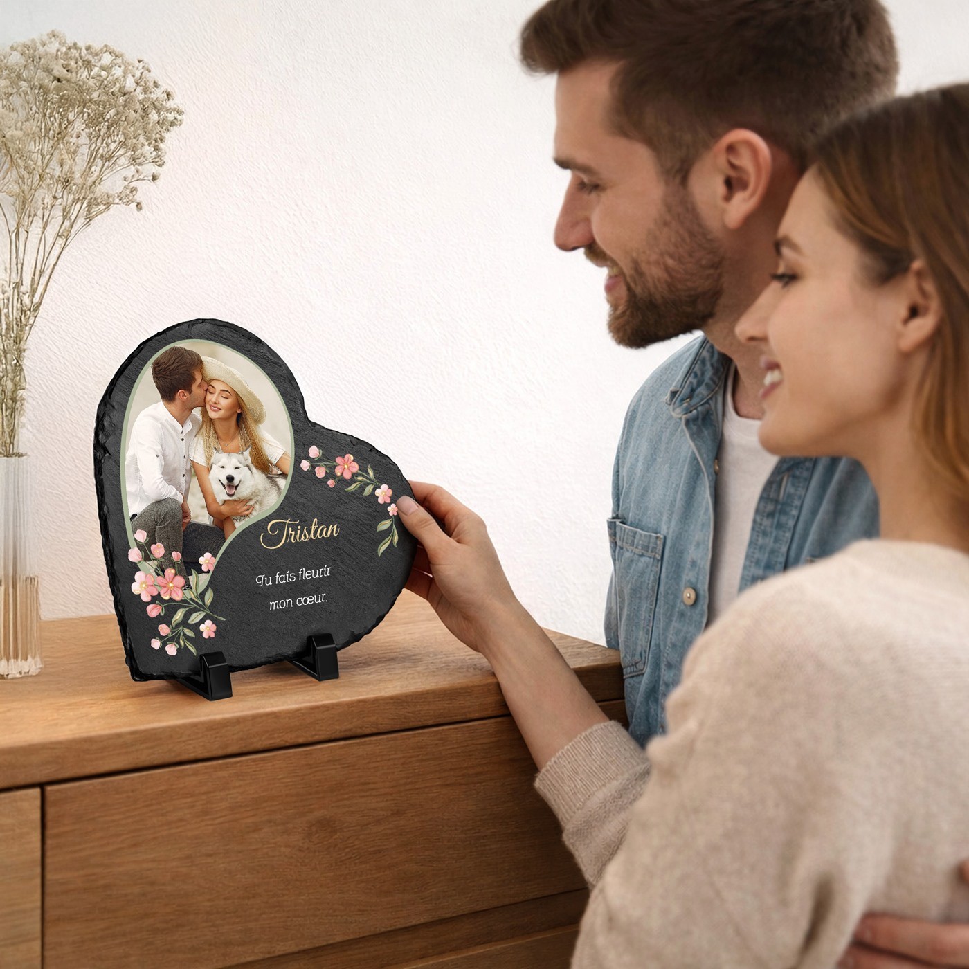 Piedra de pizarra Murrano en forma de corazón con impresión personalizada para hombres - Día de San Valentín