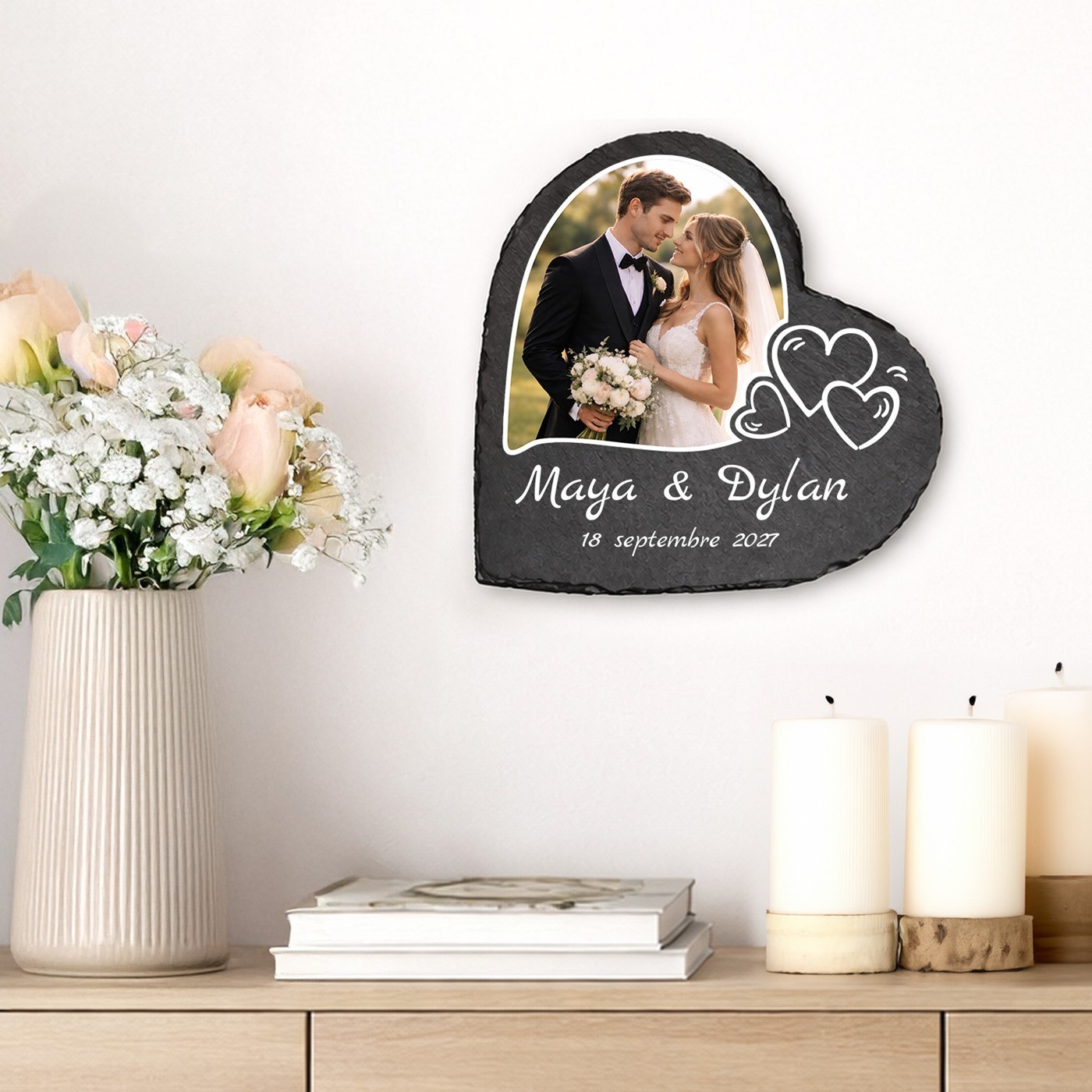 Piedra de pizarra en forma de corazón personalizada para él y ella, aniversario de boda