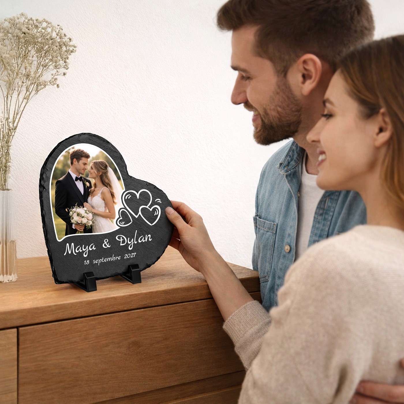 Piedra de pizarra en forma de corazón personalizada para él y ella, aniversario de boda