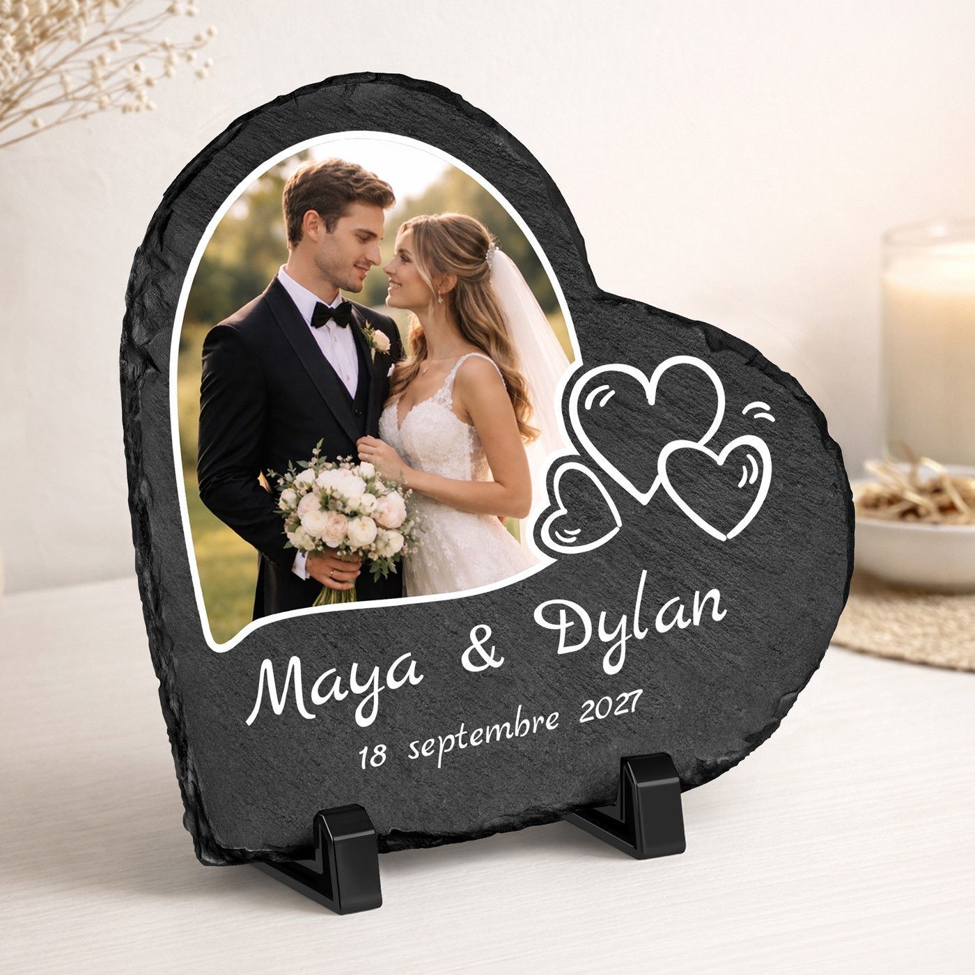 Piedra de pizarra en forma de corazón personalizada para él y ella, aniversario de boda