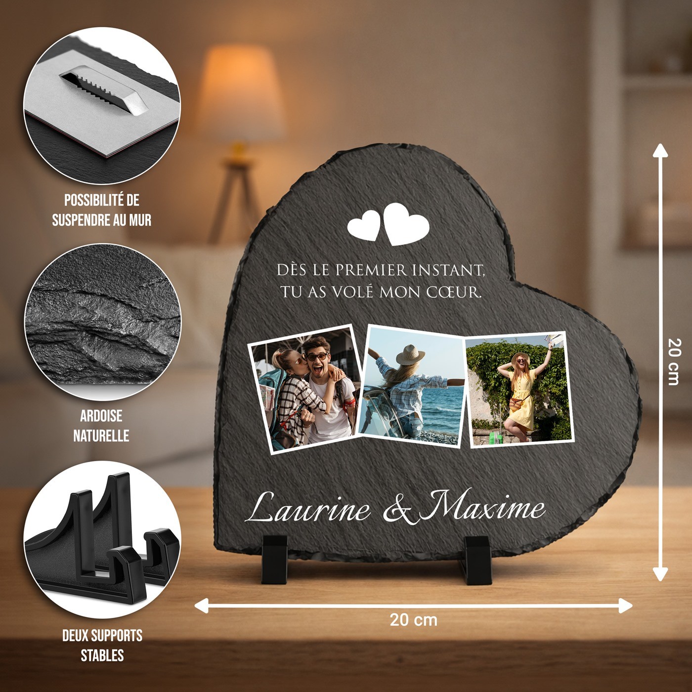 Regalo de aniversario de bodas: Piedra de pizarra Murrano en forma de corazón con impresión personalizada