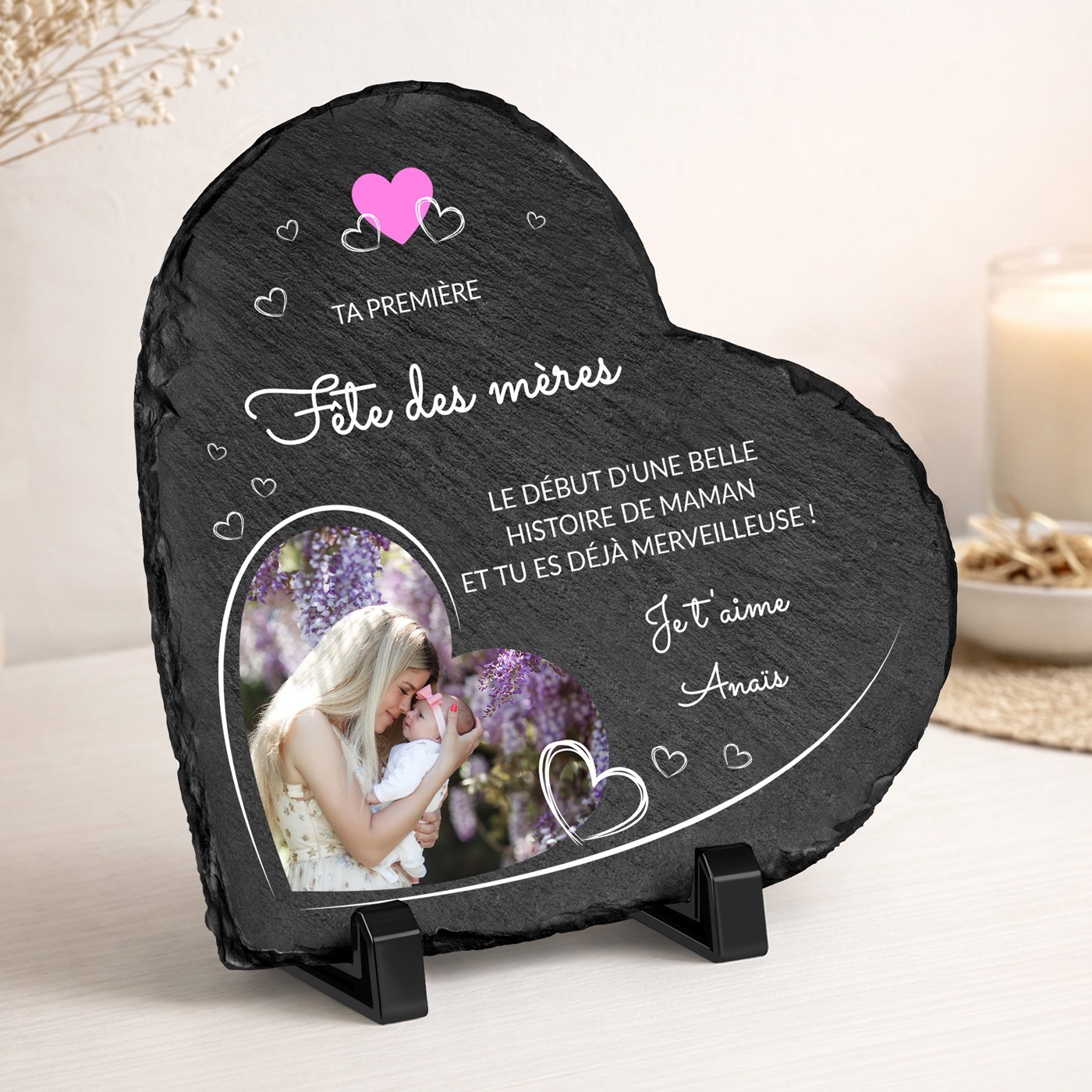 Piedra de pizarra Murrano en forma de corazón personalizada con foto para el primer Día de la Madre