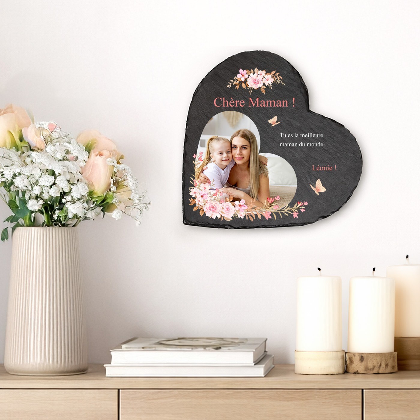 Pizarra en forma de corazón Murrano con impresión personalizada para el Día de la Madre