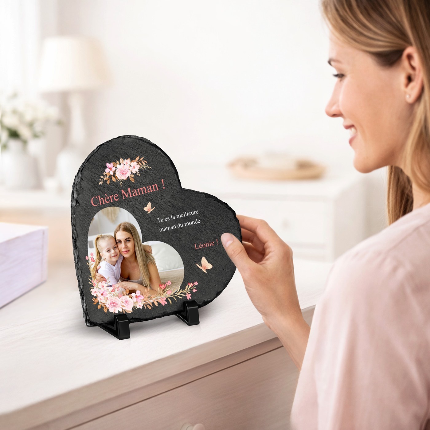 Pizarra en forma de corazón Murrano con impresión personalizada para el Día de la Madre