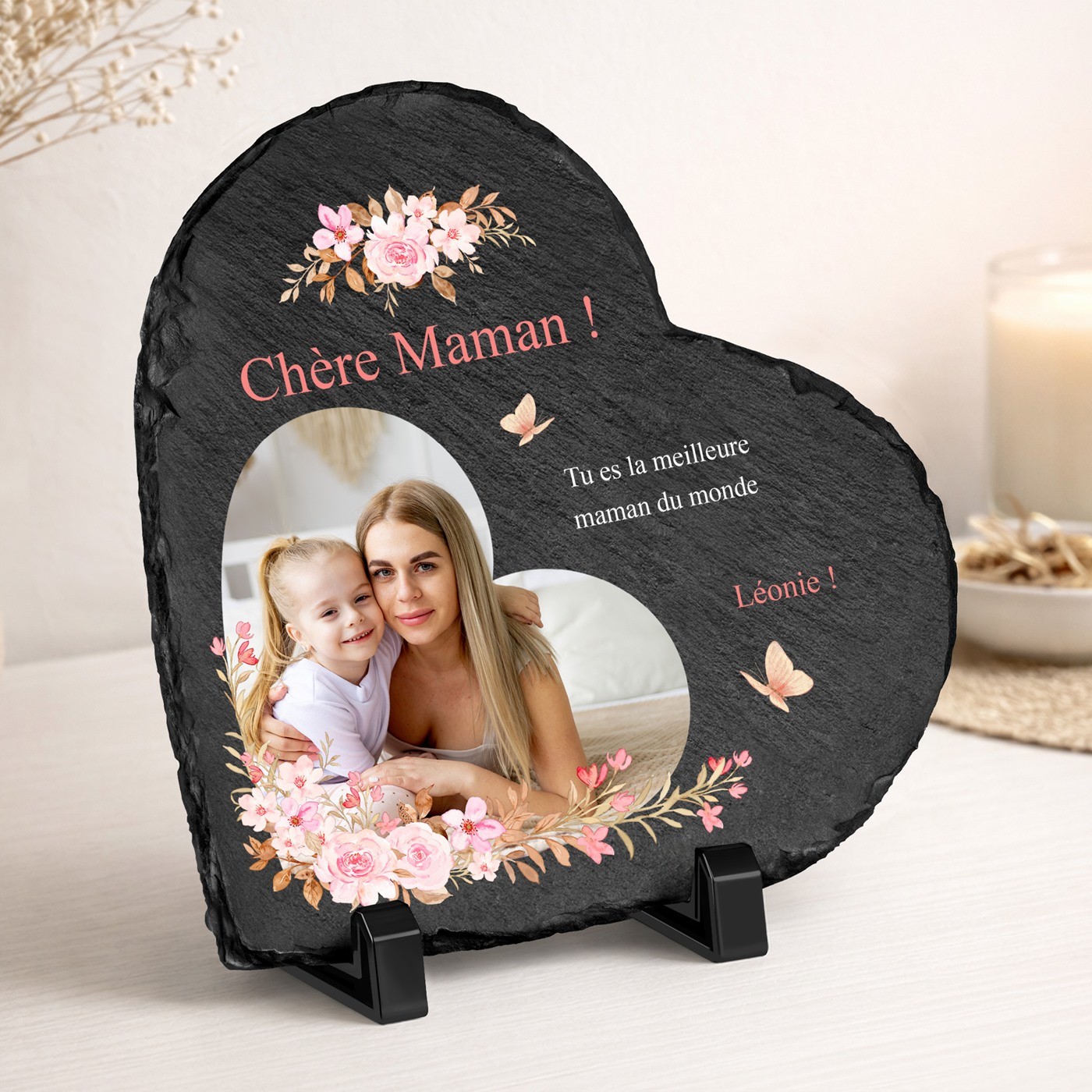 Pizarra en forma de corazón Murrano con impresión personalizada para el Día de la Madre
