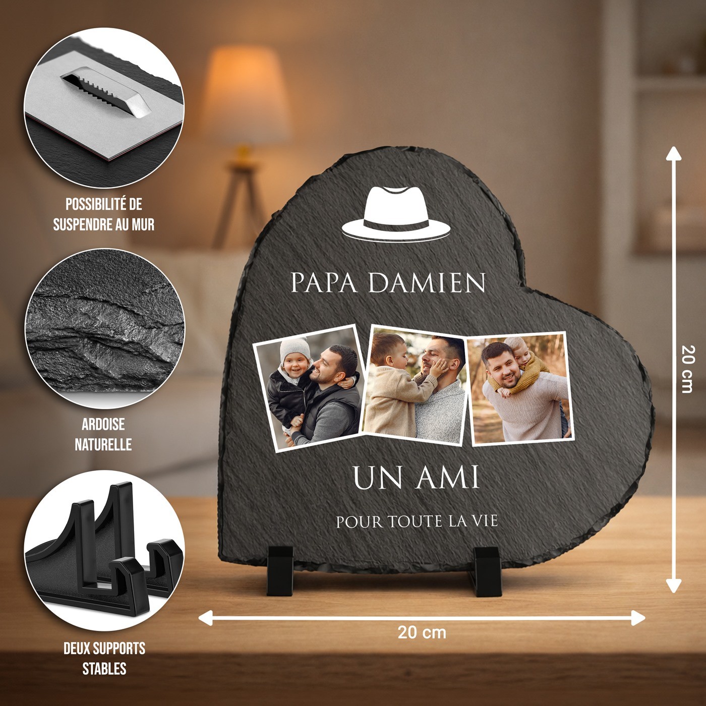 Tabla de pizarra en forma de corazón Murrano con foto personalizada para el Día del Padre