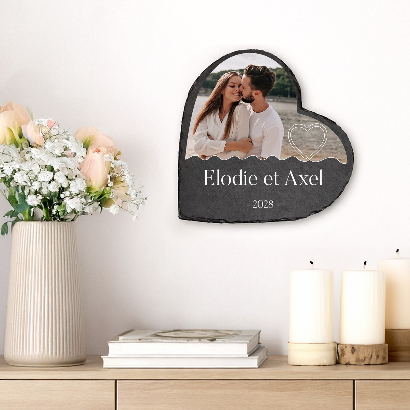 Piedra de pizarra en forma de corazón con impresión personalizada para ella y él por el Día de San Valentín
