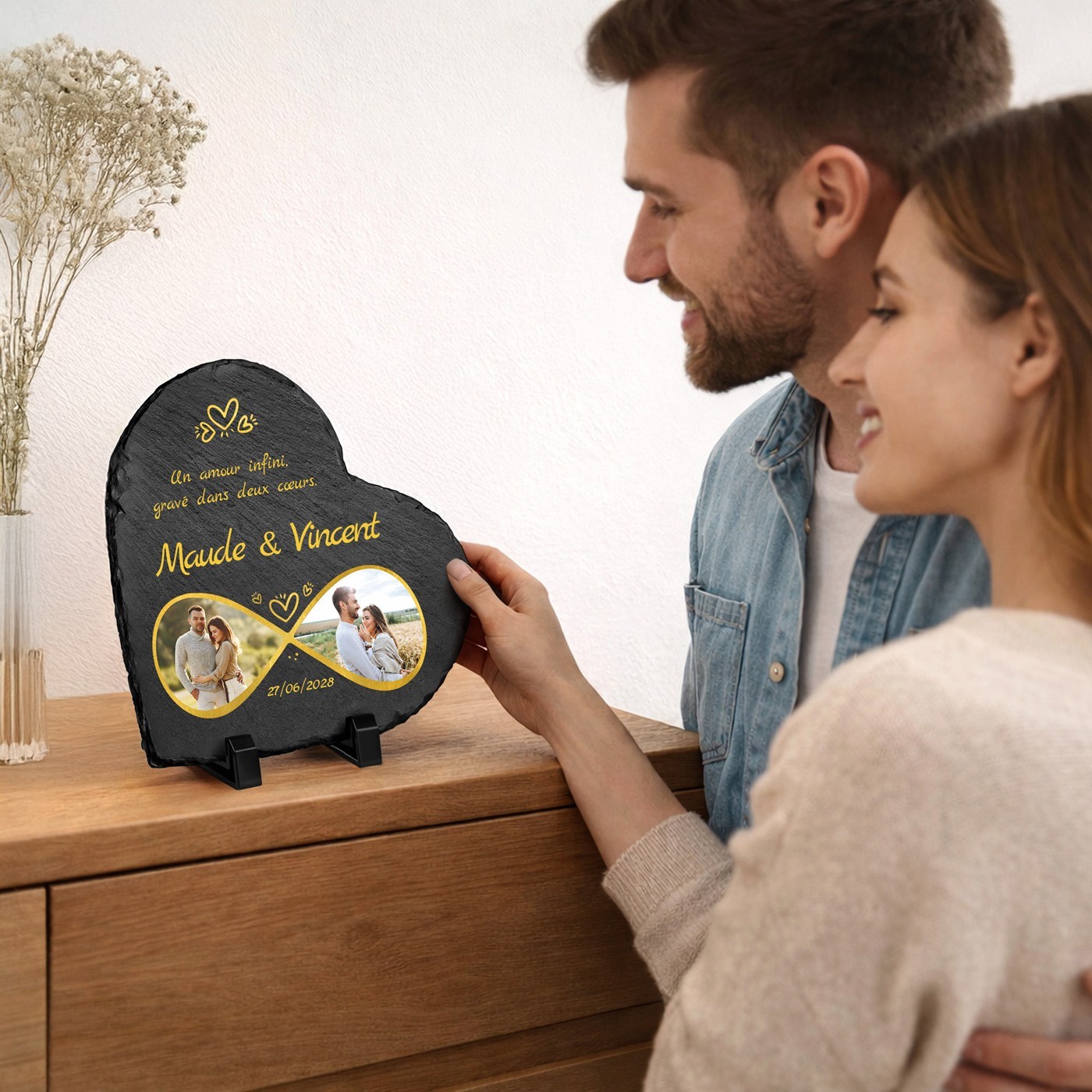 Piedra de pizarra en forma de corazón personalizada con foto para una pareja - Regalo de aniversario de boda