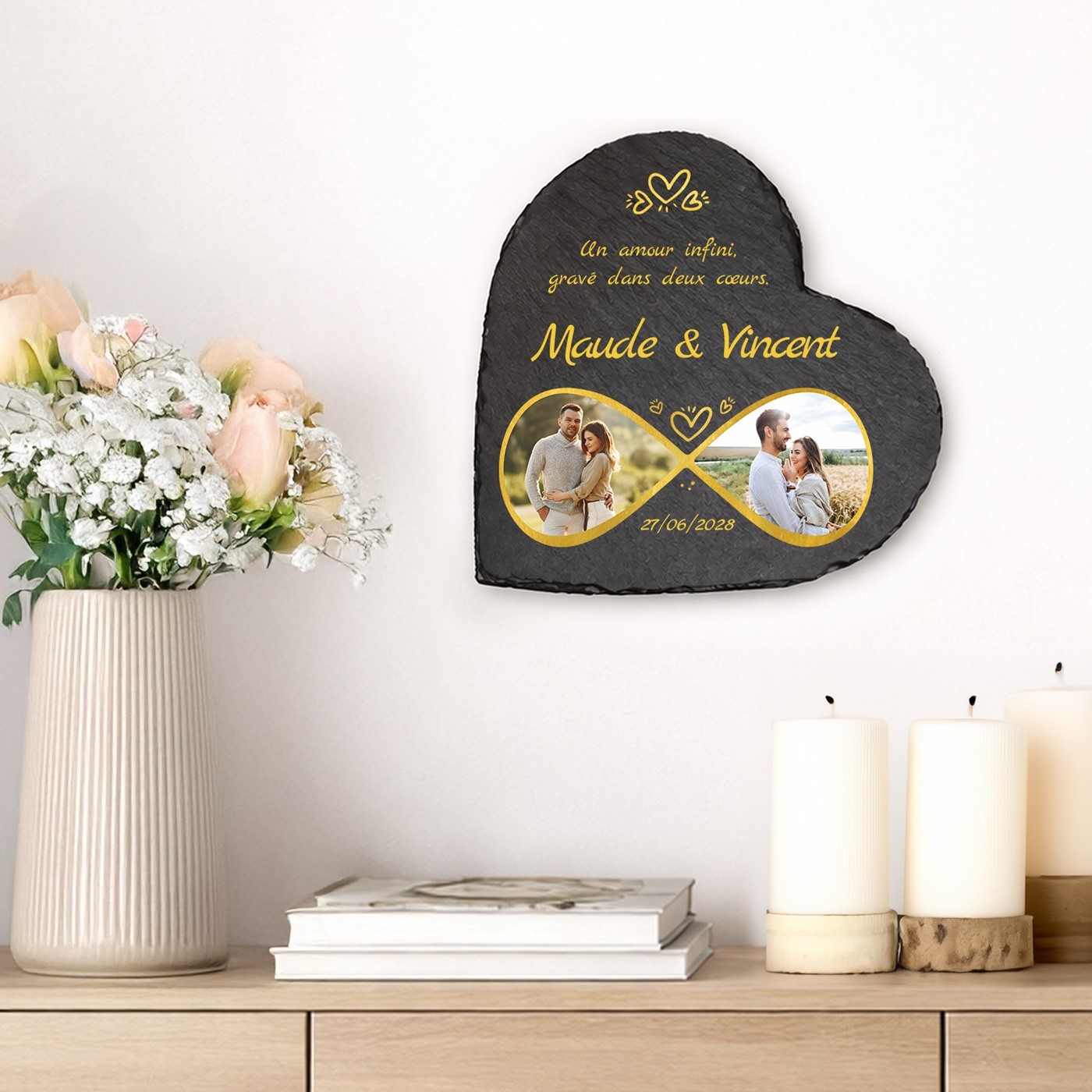 Piedra de pizarra en forma de corazón personalizada con foto para una pareja - Regalo de aniversario de boda