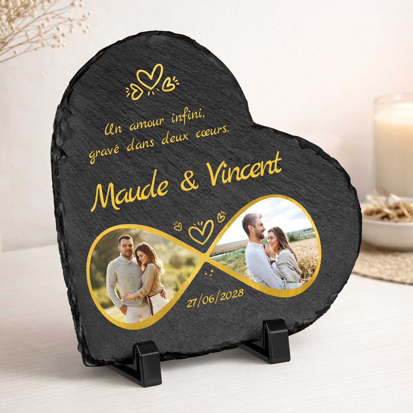 Piedra de pizarra en forma de corazón personalizada con foto para una pareja - Regalo de aniversario de boda