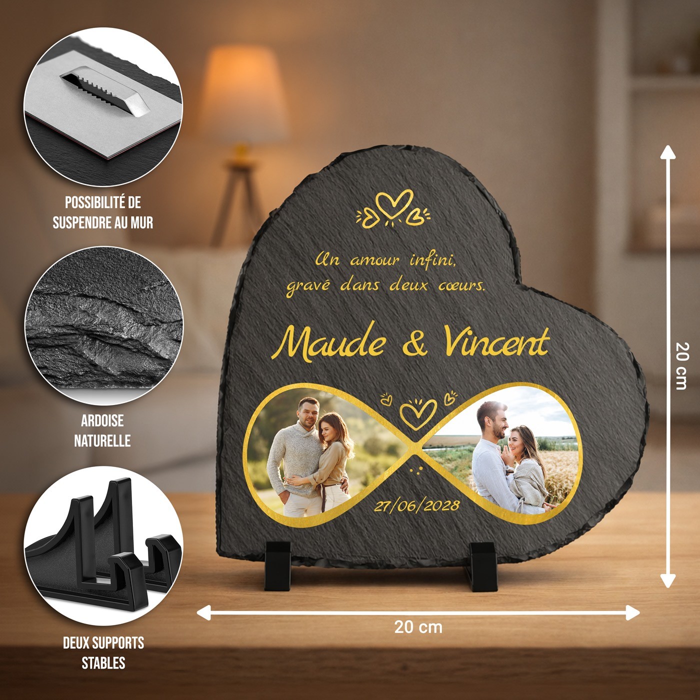 Piedra de pizarra en forma de corazón personalizada con foto para una pareja - Regalo de aniversario de boda