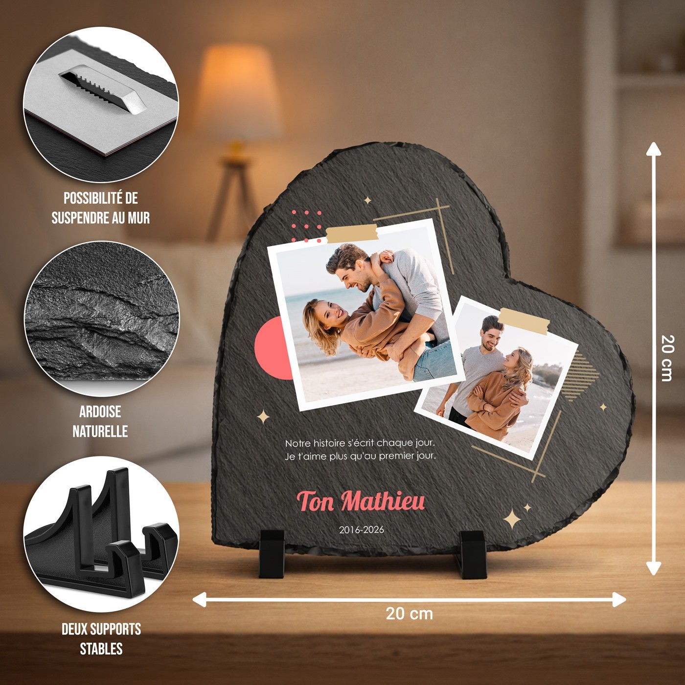 Piedra de pizarra en forma de corazón personalizada para una pareja que celebra su 10º aniversario de bodas
