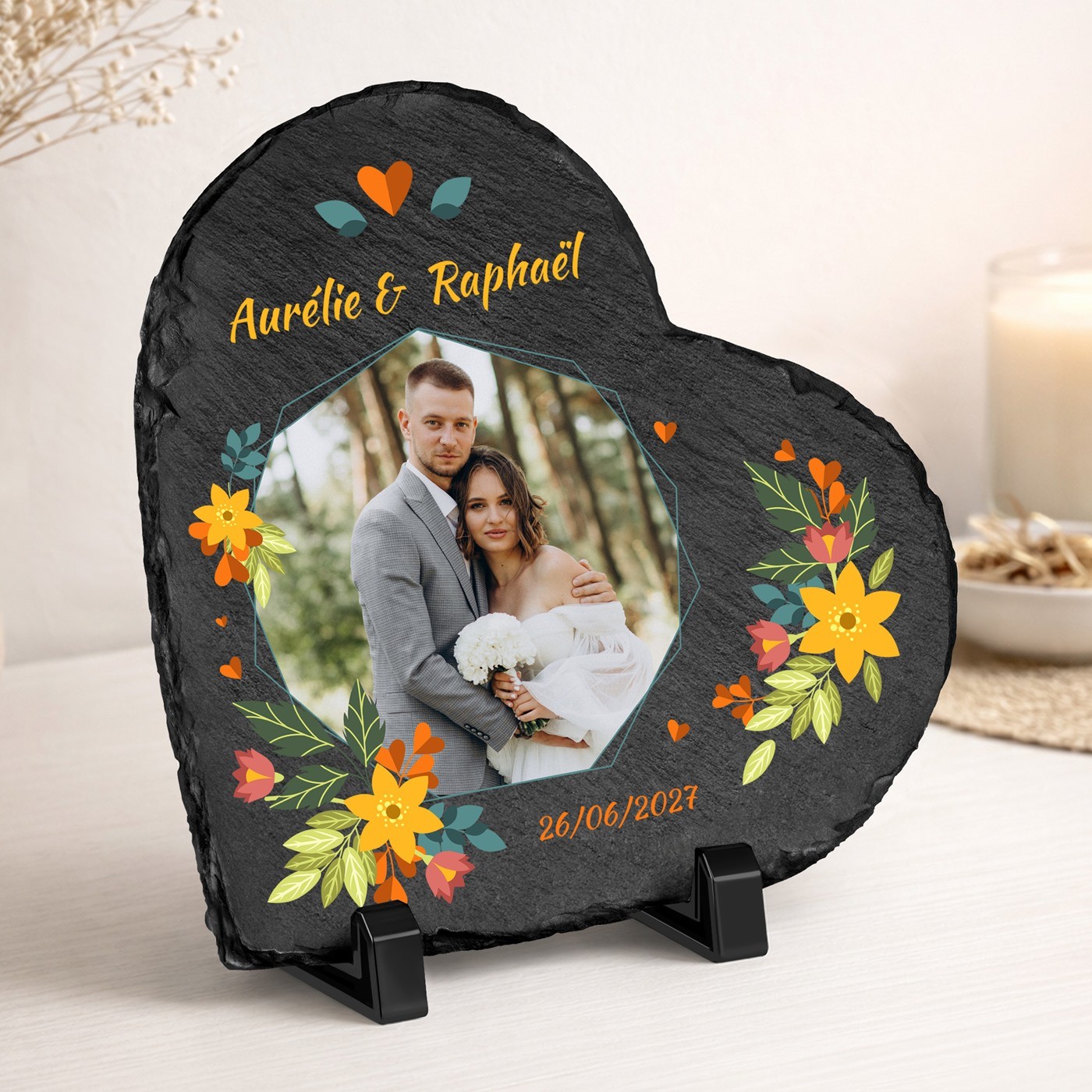 Tablero negro en forma de corazón Murrano con foto personalizada para pareja - Regalo de boda