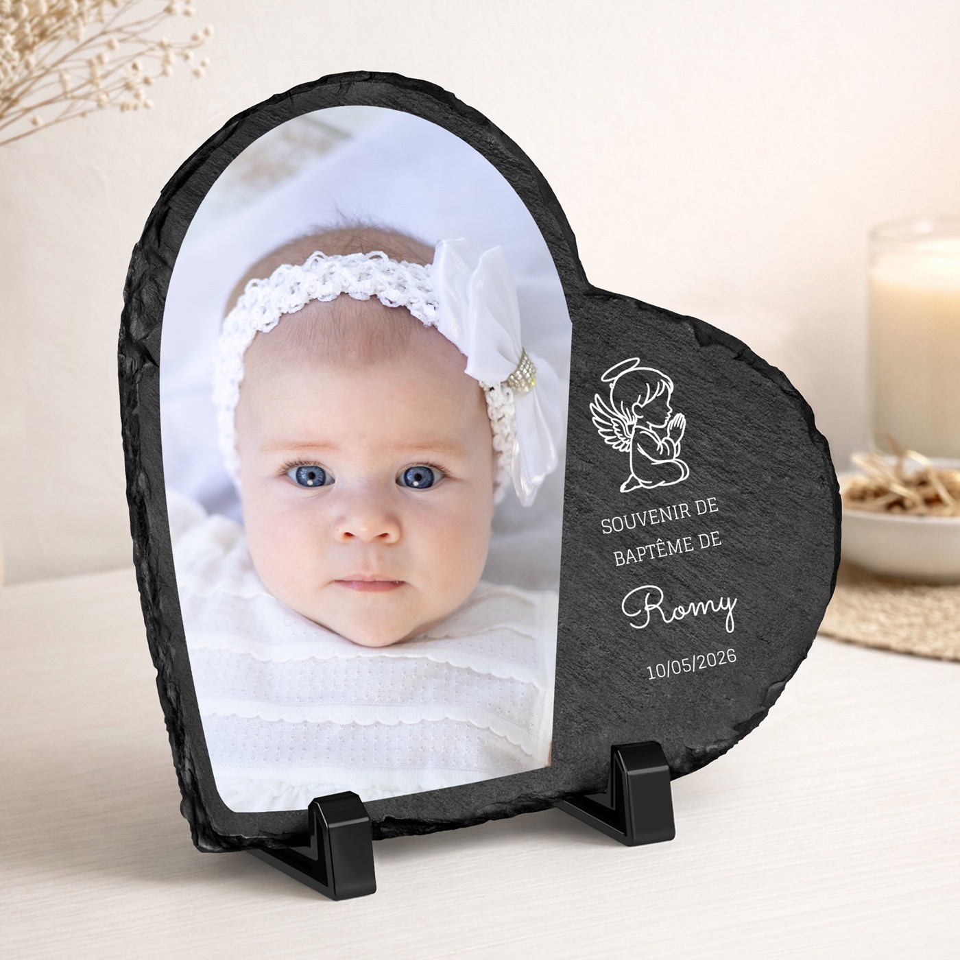 Piedra de pizarra en forma de corazón personalizada con foto para el bautizo de una niña