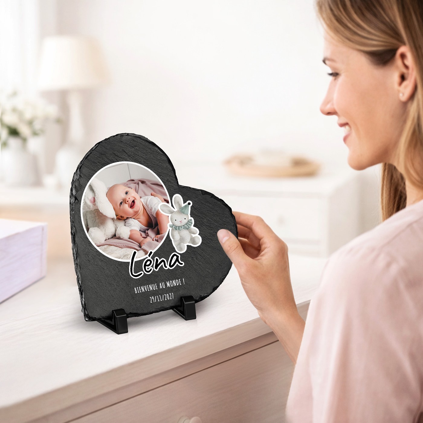 Pierre en ardoise en forme de cœur avec impression photo pour une petite fille
