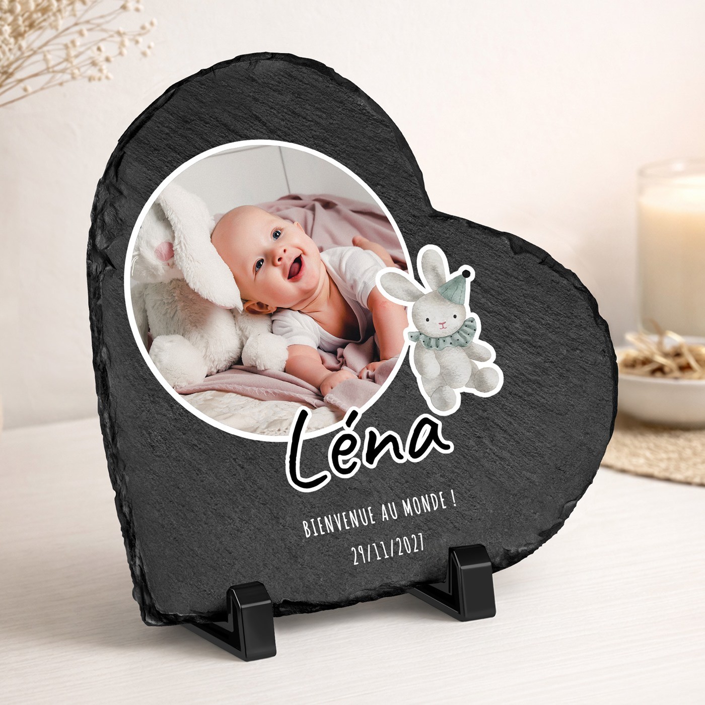 Pierre en ardoise en forme de cœur avec impression photo pour une petite fille
