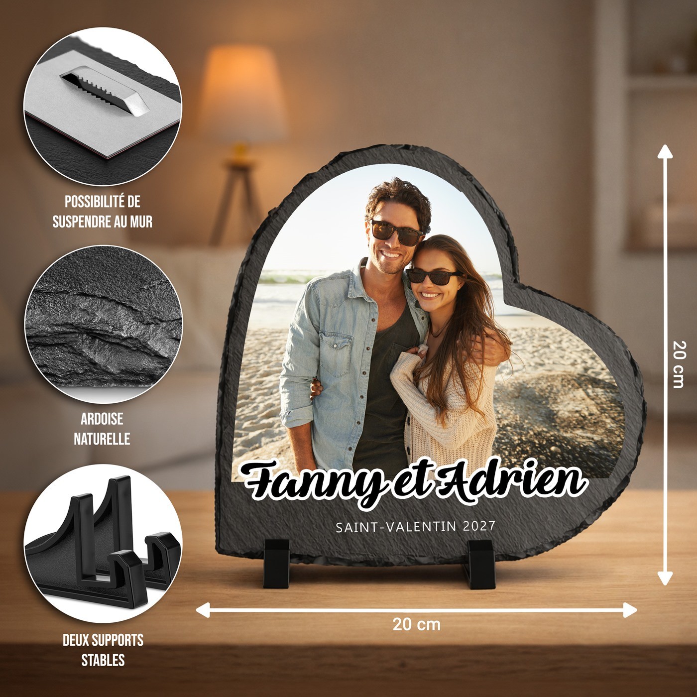 Pizarra en forma de corazón Murrano personalizada con foto para pareja - Regalo para el Día de San Valentín