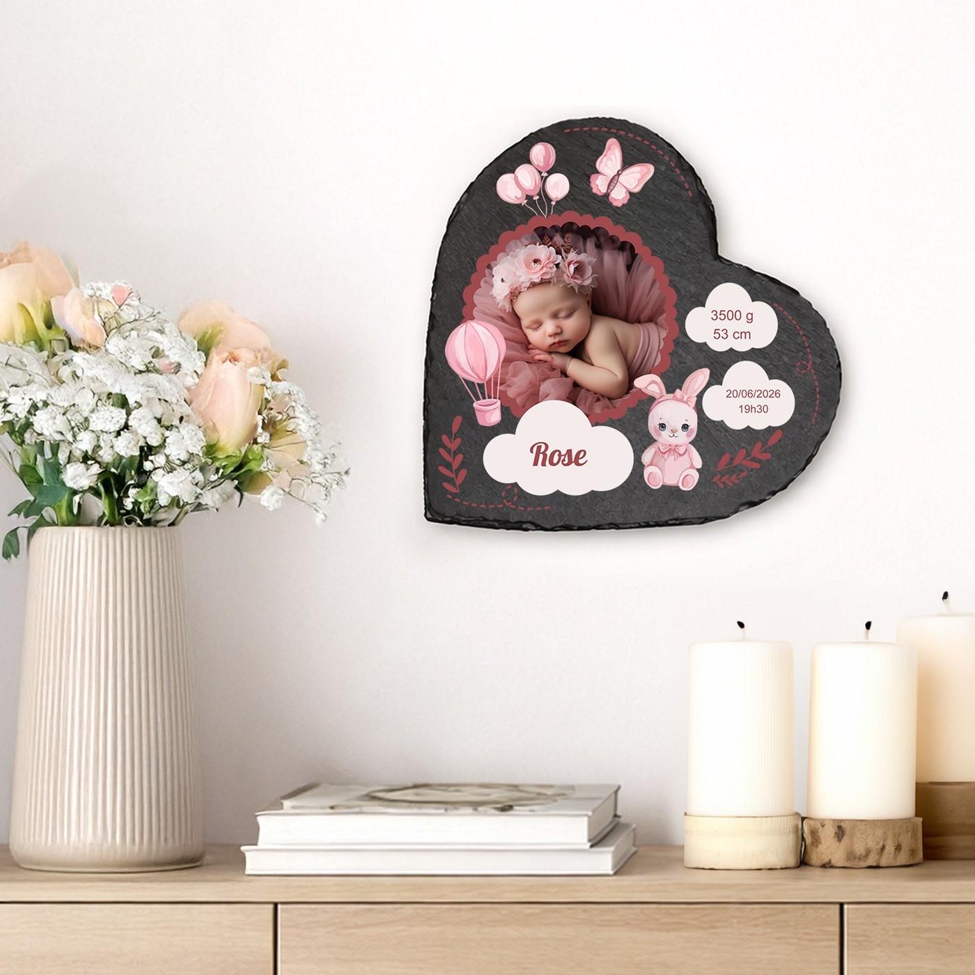 Pierre en ardoise Murrano en forme de cœur avec impression photo pour la naissance d'une petite-fille