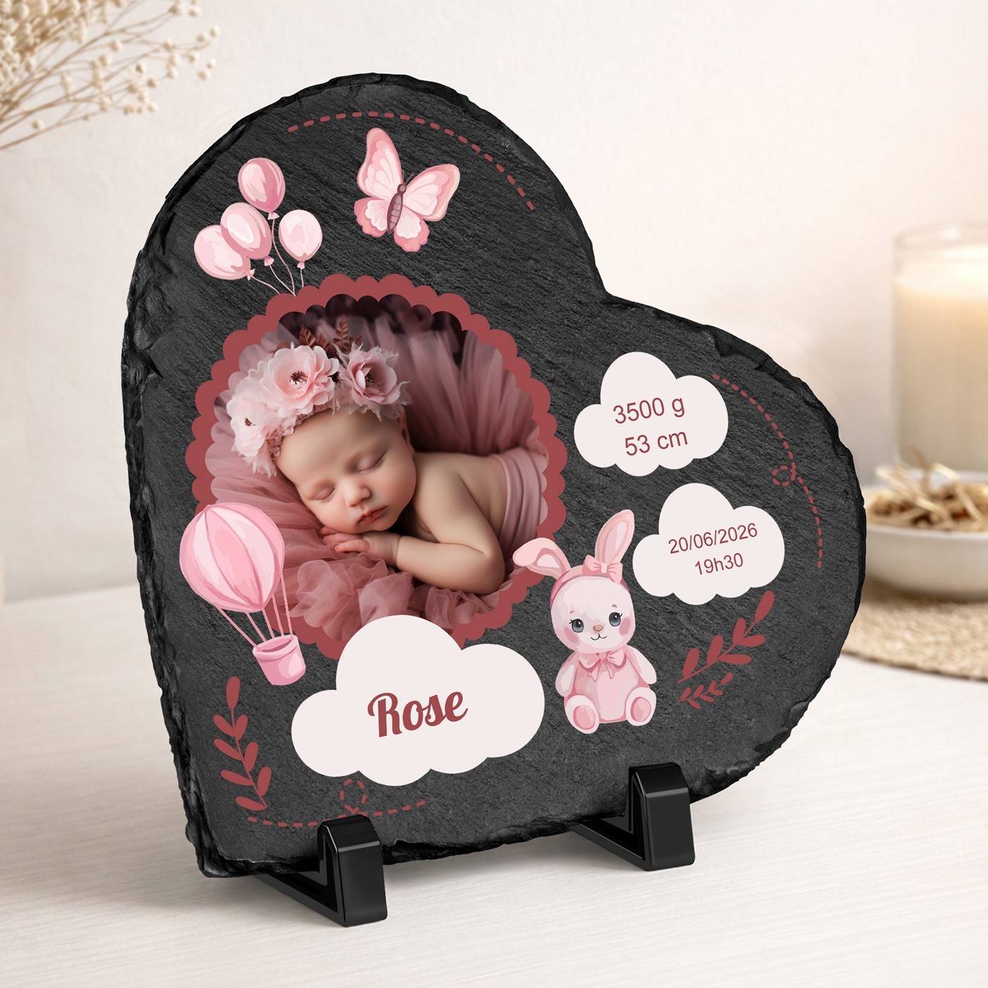 Pierre en ardoise Murrano en forme de cœur avec impression photo pour la naissance d'une petite-fille