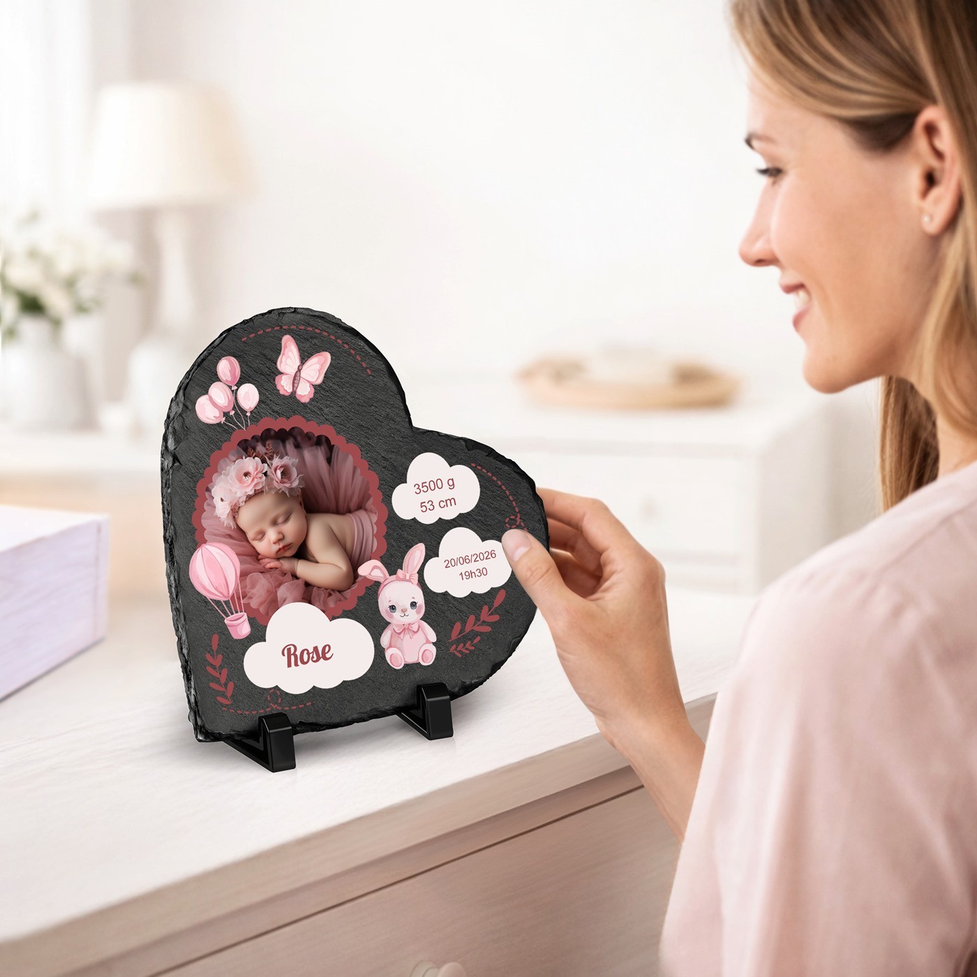 Pierre en ardoise Murrano en forme de cœur avec impression photo pour la naissance d'une petite-fille