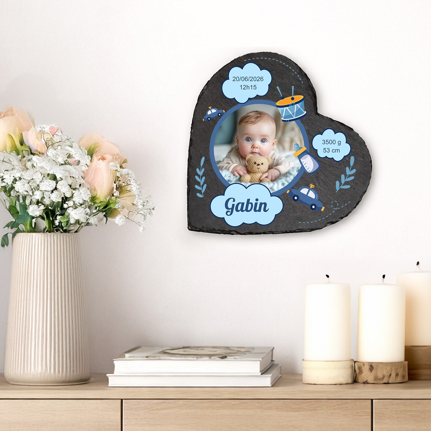 Piedra de pizarra en forma de corazón personalizada con foto para el nacimiento de un nieto