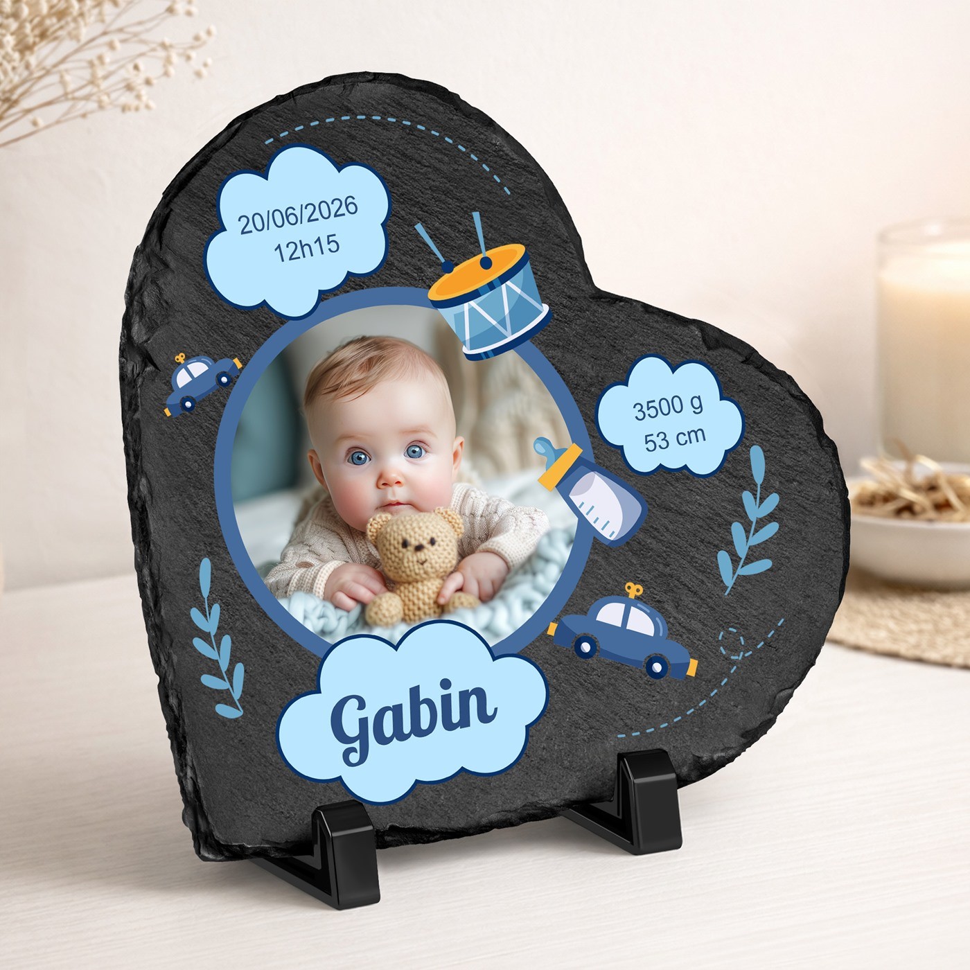 Piedra de pizarra en forma de corazón personalizada con foto para el nacimiento de un nieto