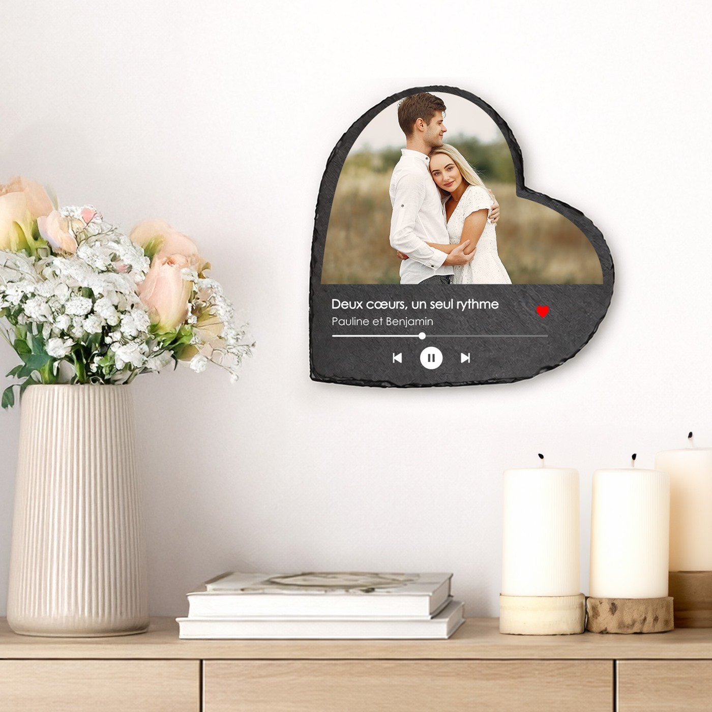 Piedra de pizarra Murrano en forma de corazón con impresión de foto para pareja - Día de San Valentín