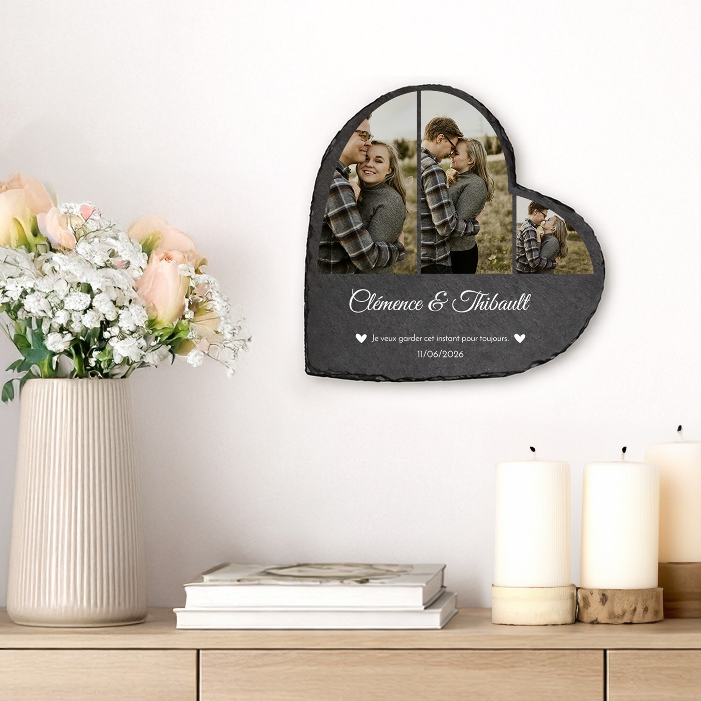 Pierre en ardoise Murrano en forme de cœur avec photo personnalisée pour elle et lui, cadeau d'anniversaire de mariage