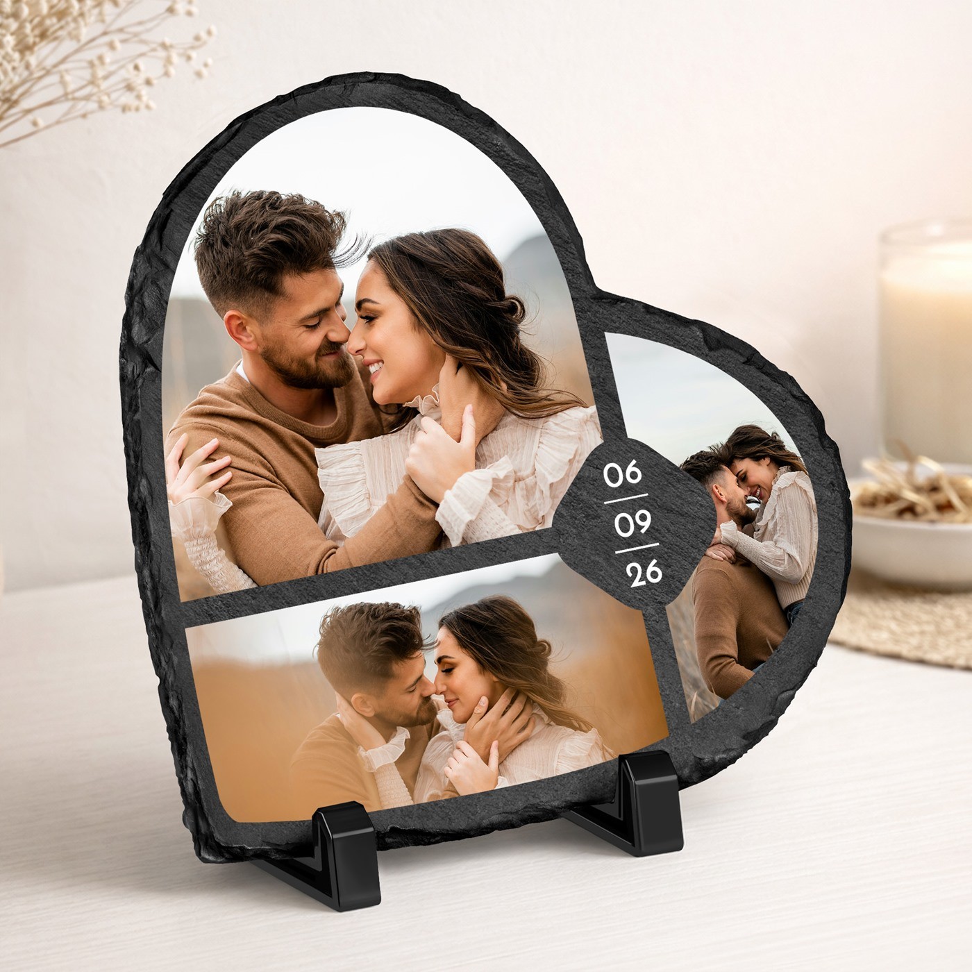 Tablero en forma de corazón de pizarra negra con impresión personalizada para pareja