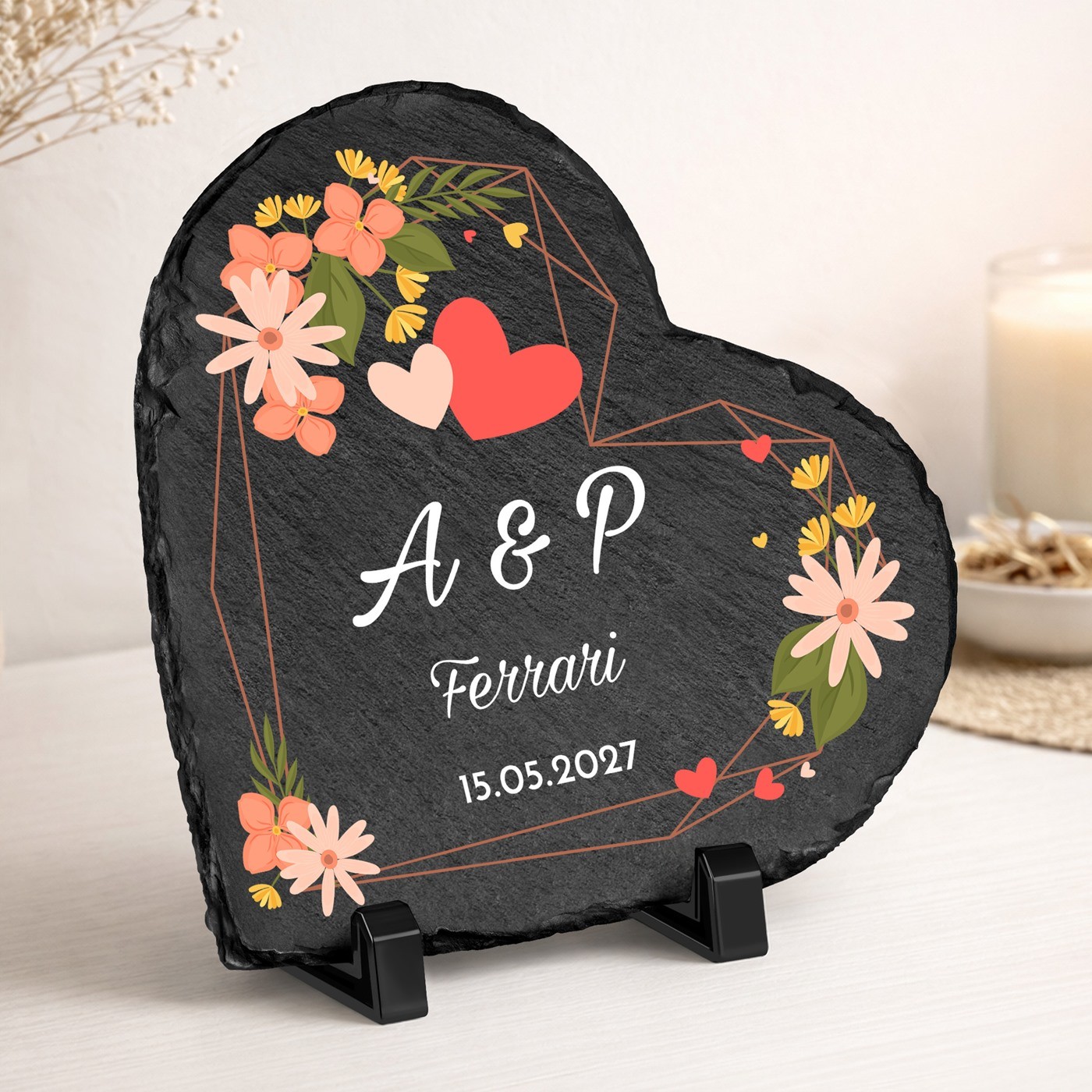 Piedra de pizarra personalizada en forma de corazón para hombre y mujer por aniversario de bodas