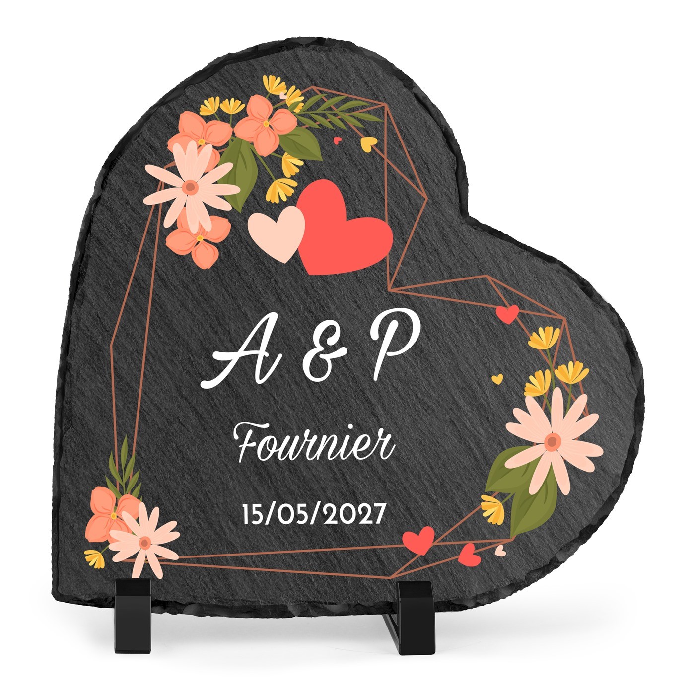 Pierre en ardoise personnalisée en forme de cœur pour un homme et une femme pour l'anniversaire de mariage
