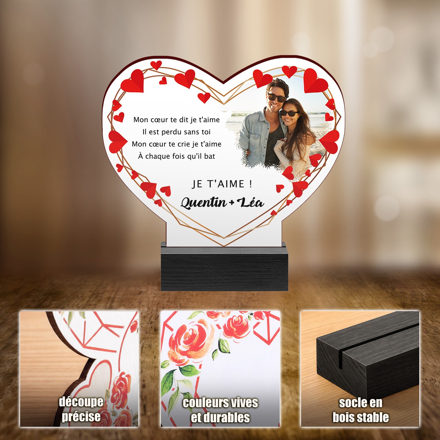 Murrano Personalized Wood Statue with Photo for Her and Him for Valentine's Day