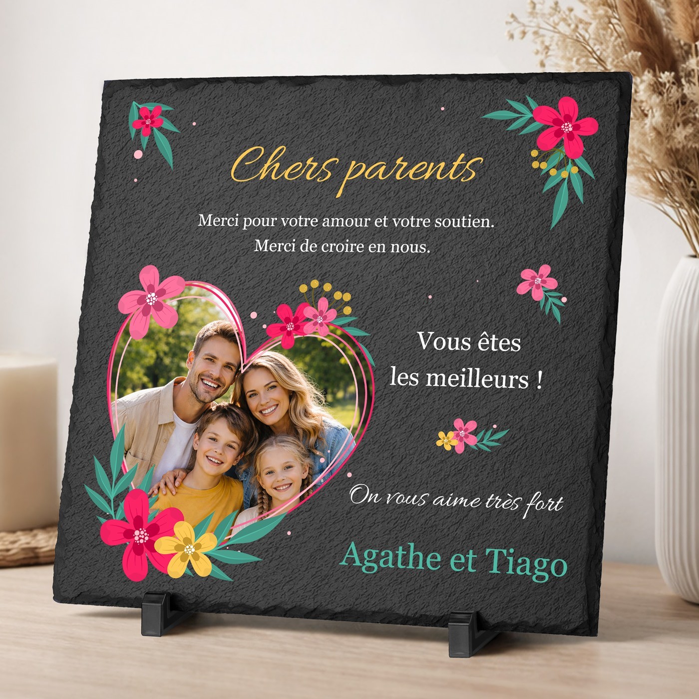 Pierre en ardoise personnalisée Murrano avec photo pour remerciements parents