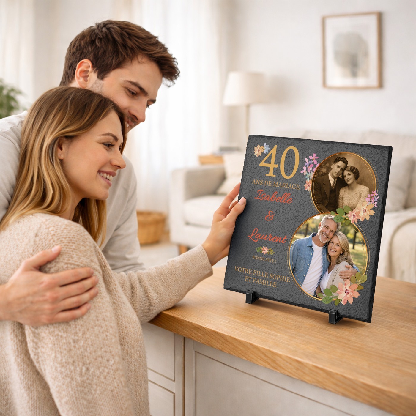 Tablero de pizarra Murrano con impresión de foto para padres por su 40º aniversario de boda