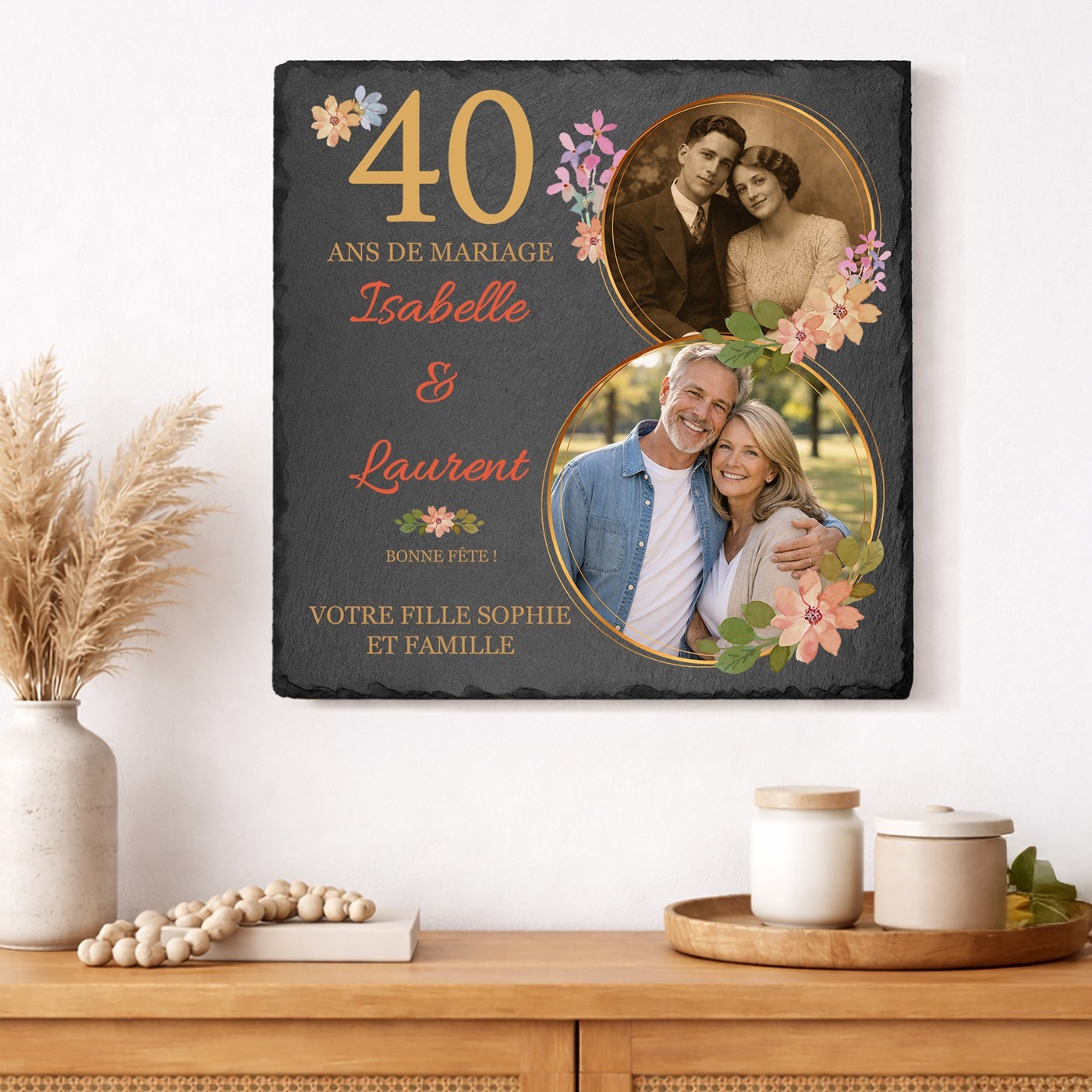 Tablero de pizarra Murrano con impresión de foto para padres por su 40º aniversario de boda