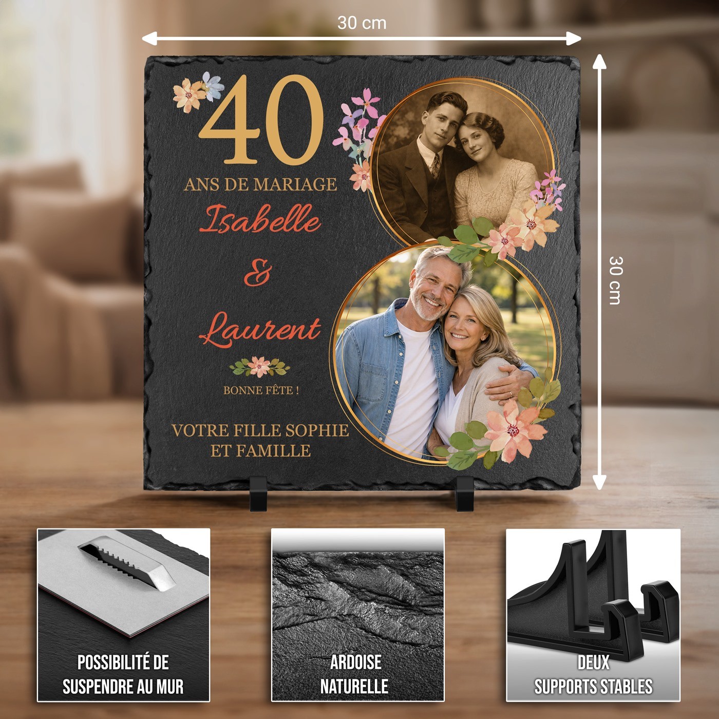 Tablero de pizarra Murrano con impresión de foto para padres por su 40º aniversario de boda