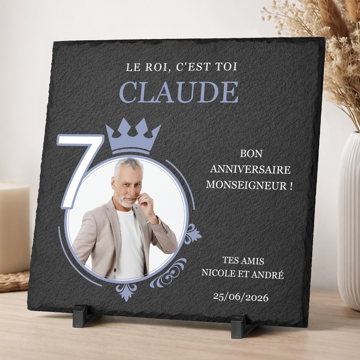 Piedra de pizarra personalizada con foto para el cumpleaños número 70 de un amigo