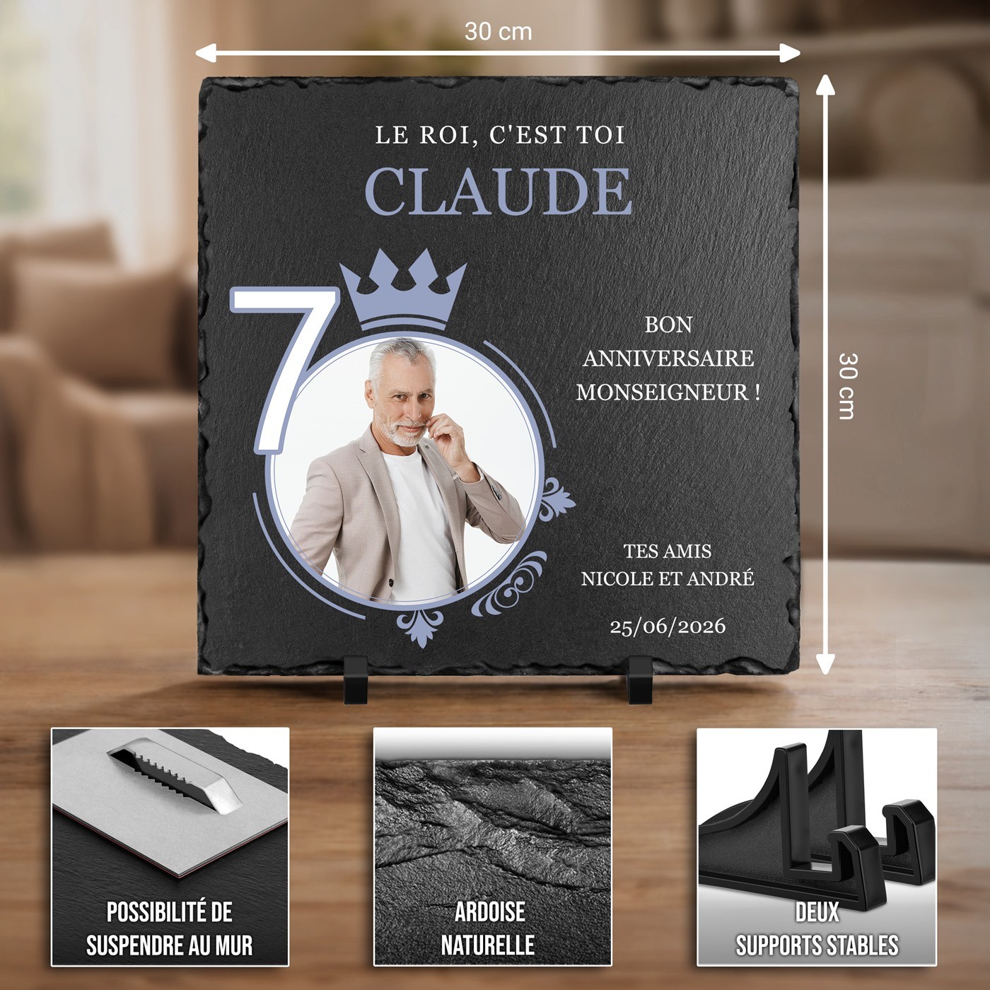 Piedra de pizarra personalizada con foto para el cumpleaños número 70 de un amigo