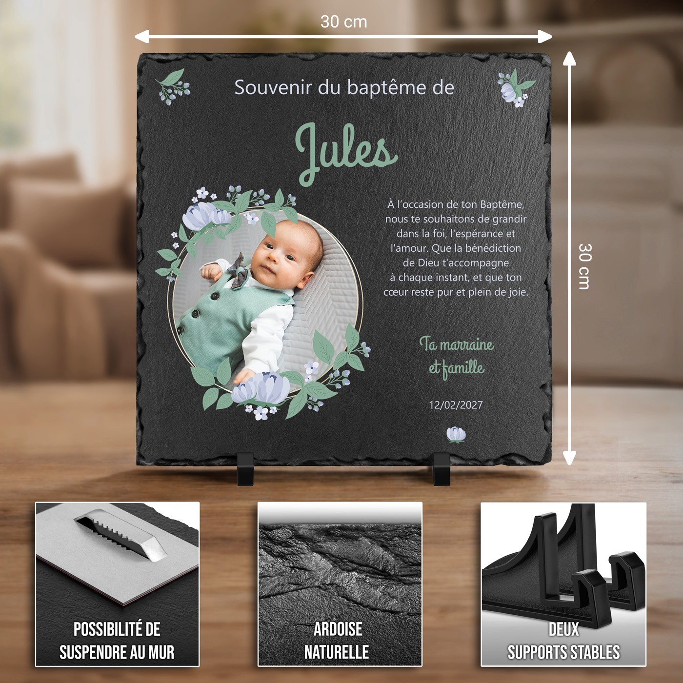 Piedra de pizarra personalizada con foto para el bautismo de ahijada