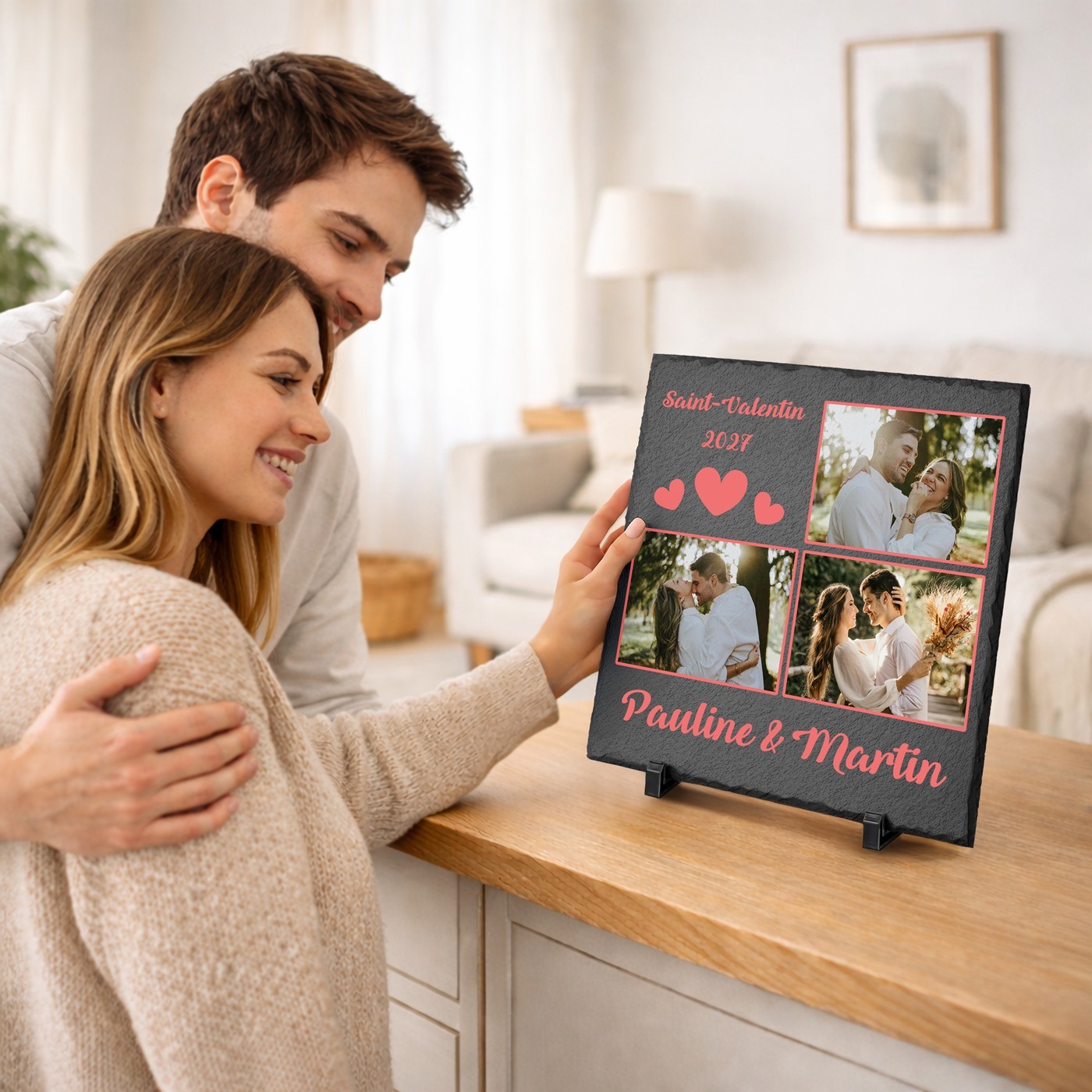 Pierre à cadre en ardoise personnalisée pour couple - Cadeau Saint-Valentin