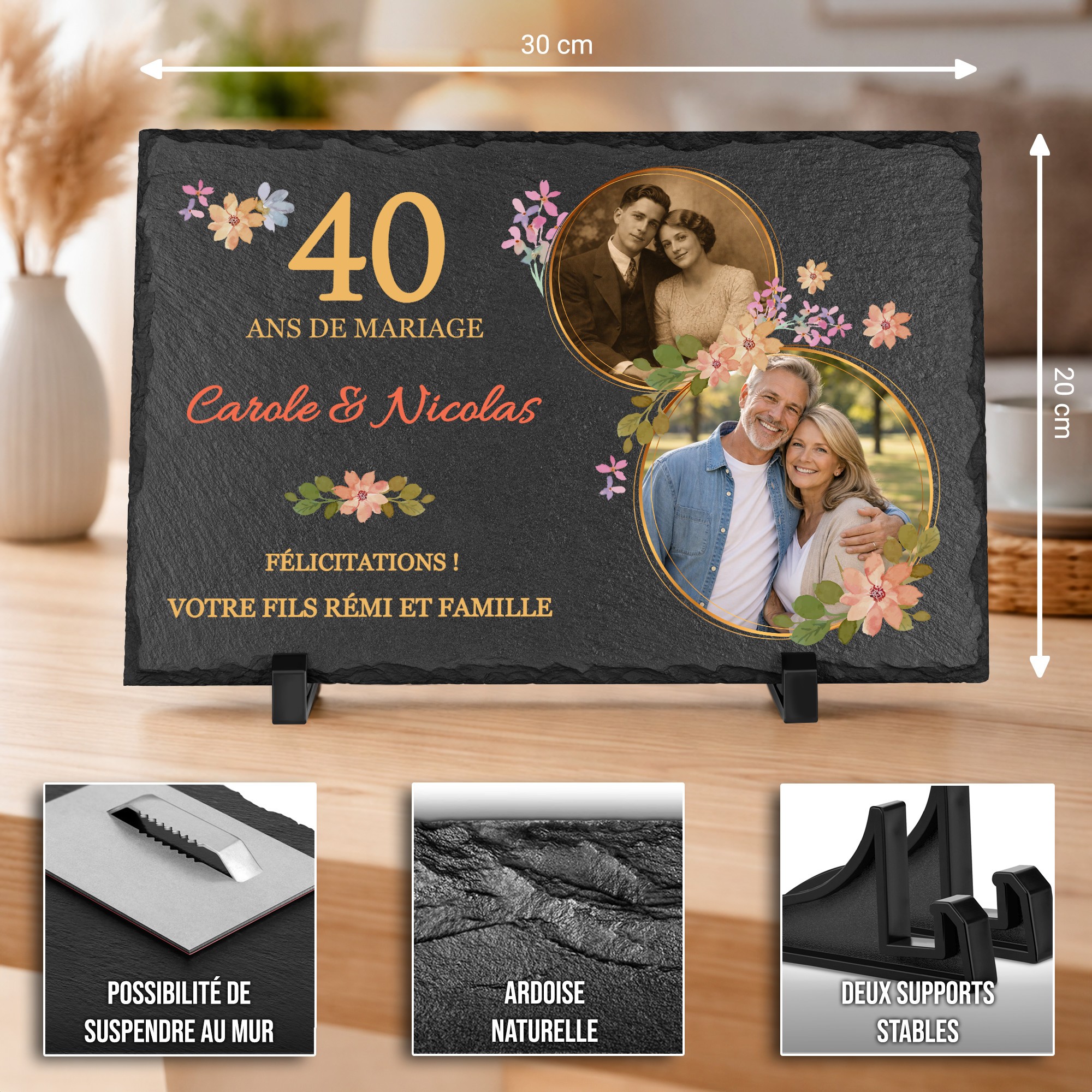 Piedra de pizarra personalizada Murrano para padres, 40º aniversario de boda