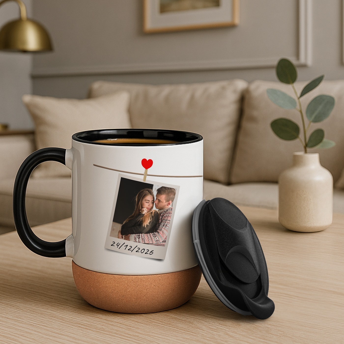 Mug de cerámica Murrano con base de corcho y tapa para un regalo de San Valentín