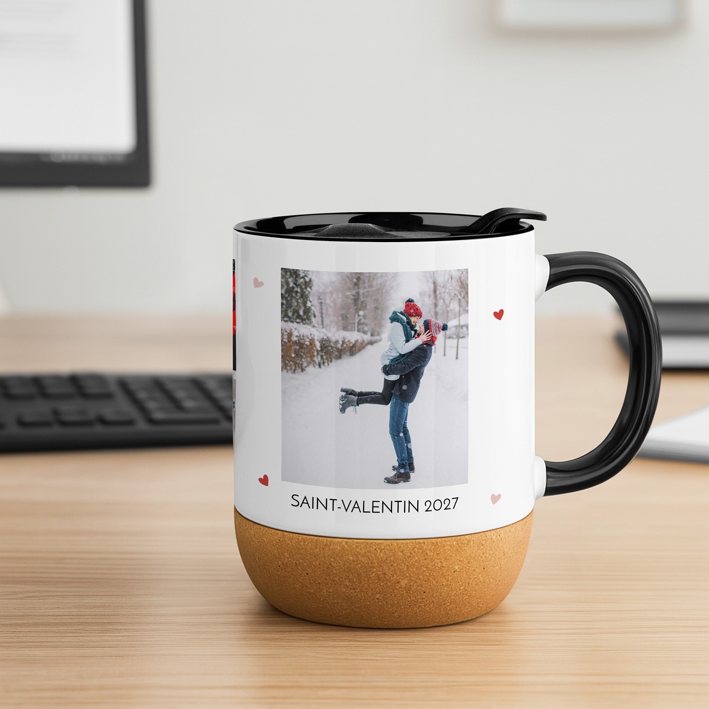 Mug de cerámica Murrano con base de corcho y tapa personalizada para parejas