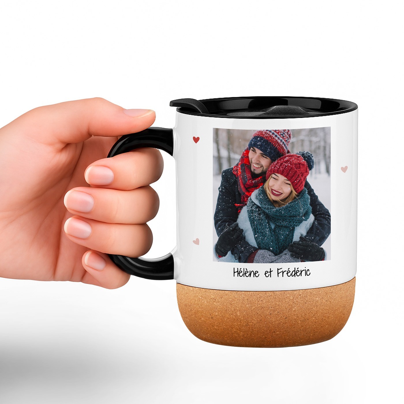 Mug de cerámica Murrano con base de corcho y tapa personalizada para parejas