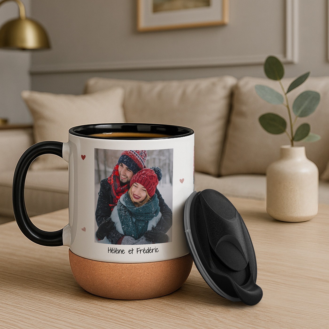 Mug de cerámica Murrano con base de corcho y tapa personalizada para parejas