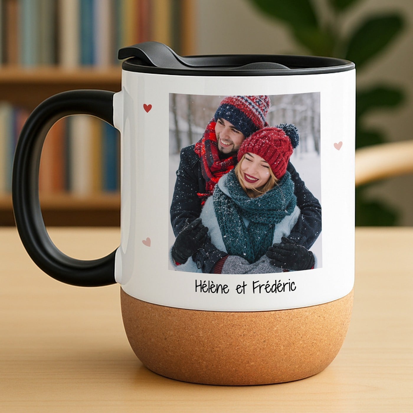 Mug de cerámica Murrano con base de corcho y tapa personalizada para parejas