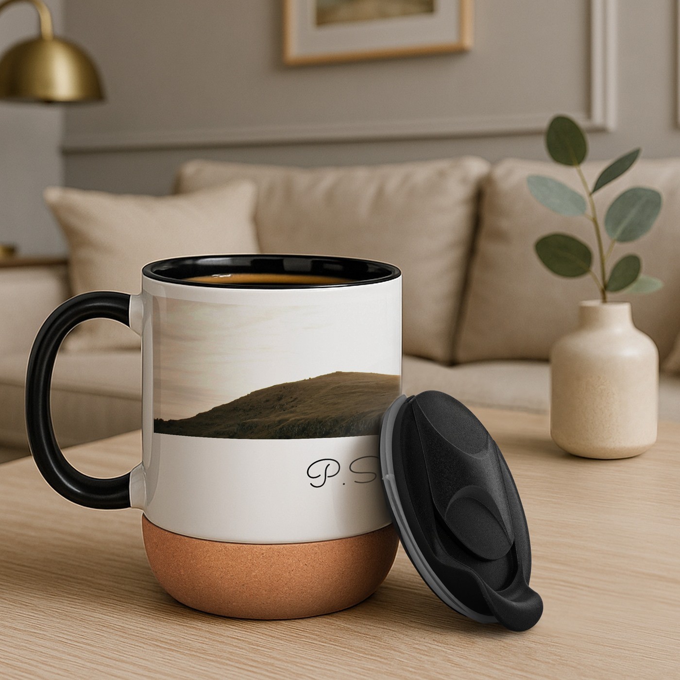 Mug de cerámica Murrano con base de corcho y tapa para un regalo de cumpleaños o de San Valentín para mujer