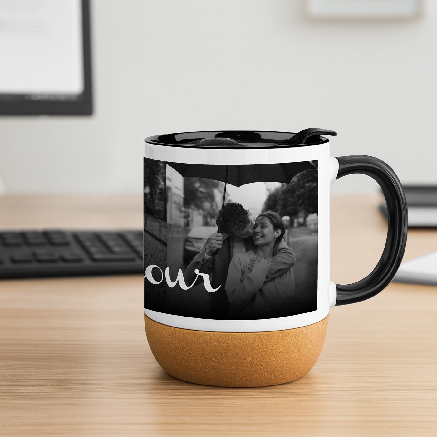 Mug de cerámica Murrano con base de corcho y tapa personalizada para mujer - Regalo de aniversario de bodas