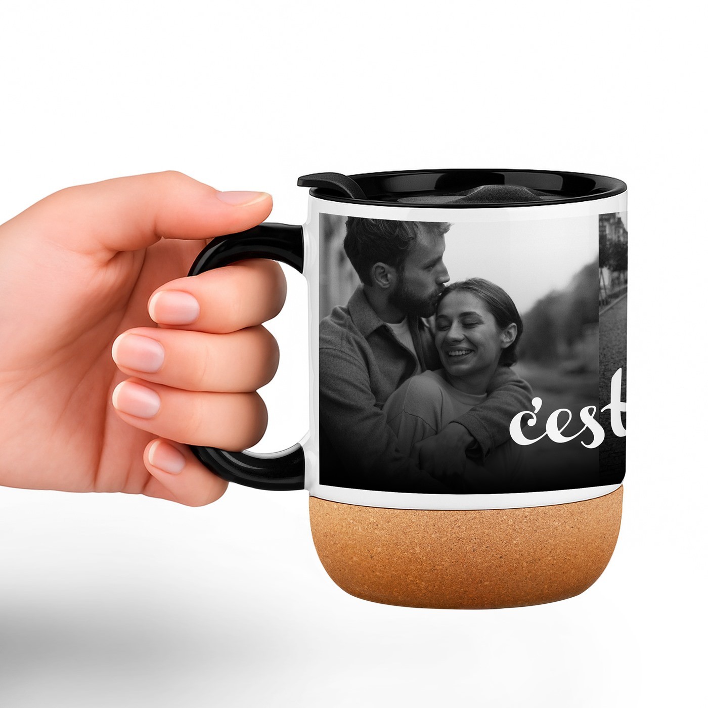 Mug de cerámica Murrano con base de corcho y tapa personalizada para mujer - Regalo de aniversario de bodas